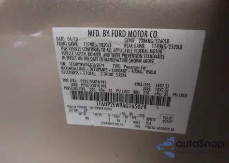 2010 Ford Taurus Sel z USA, uszkodzony, nr VIN 1FAHP2EW9AG165079
